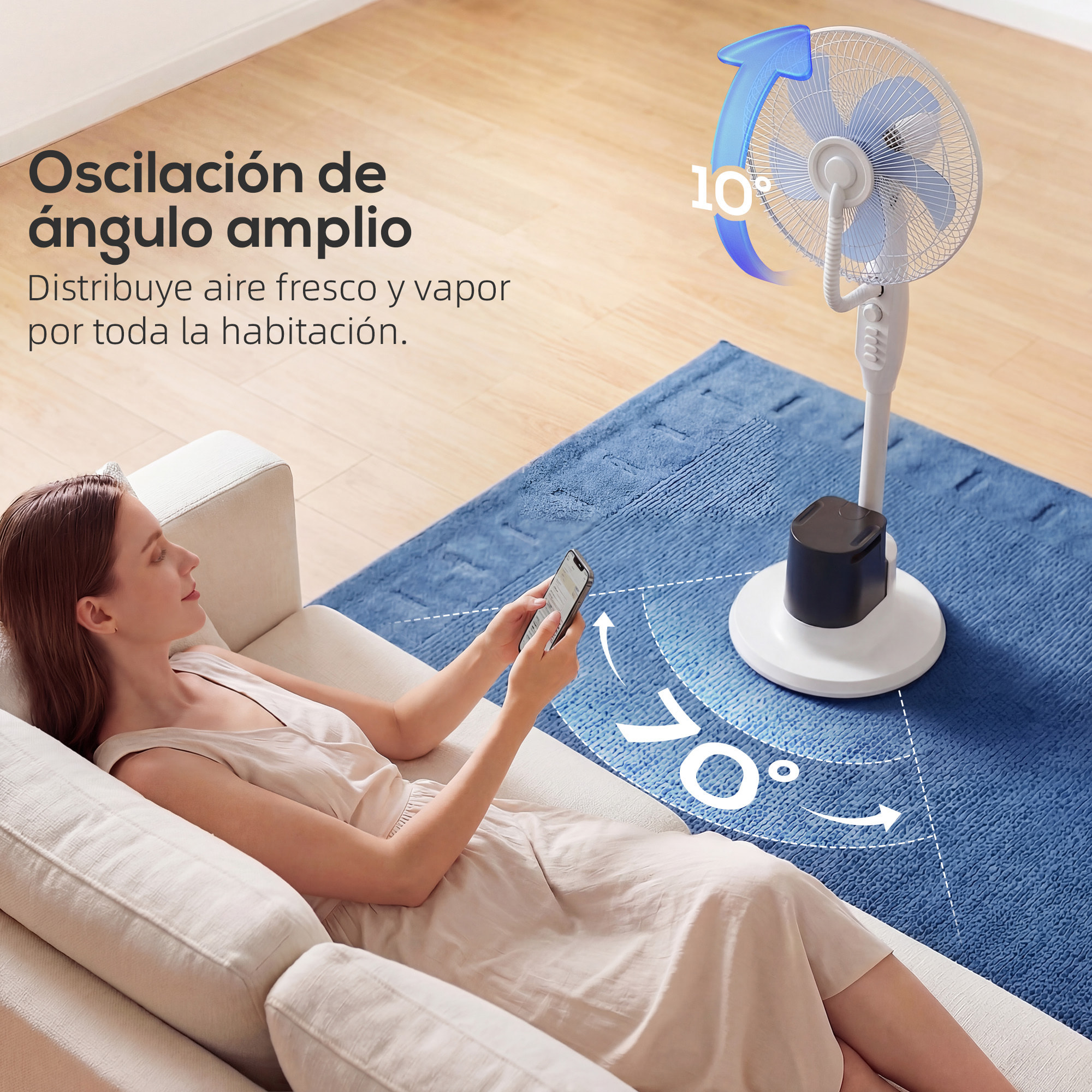 Ventilador Nebulizador, 90W, Ventilador con Agua, Oscilación de 70°, 3 Velocidades, 5 Aspas, Depósito de Agua de 3,5L, 5 Ruedas, para Hogar, Oficina, Dormitorio, Blanco