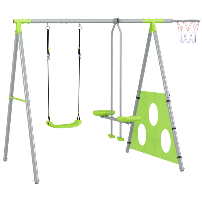 Columpios para Niños de +3 Años 4 en 1 Columpios Jardín Exterior con Columpio Planeador Portería de Puntería y Aro de Baloncesto Verde