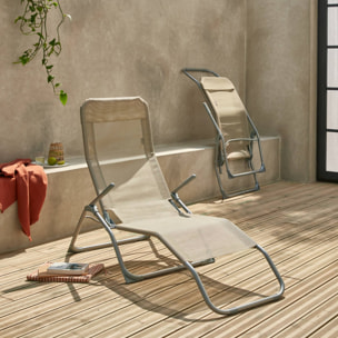 Lot de 2 bains de soleil pliants - Levito Taupe - Transats textilène 2 positions. chaises longues