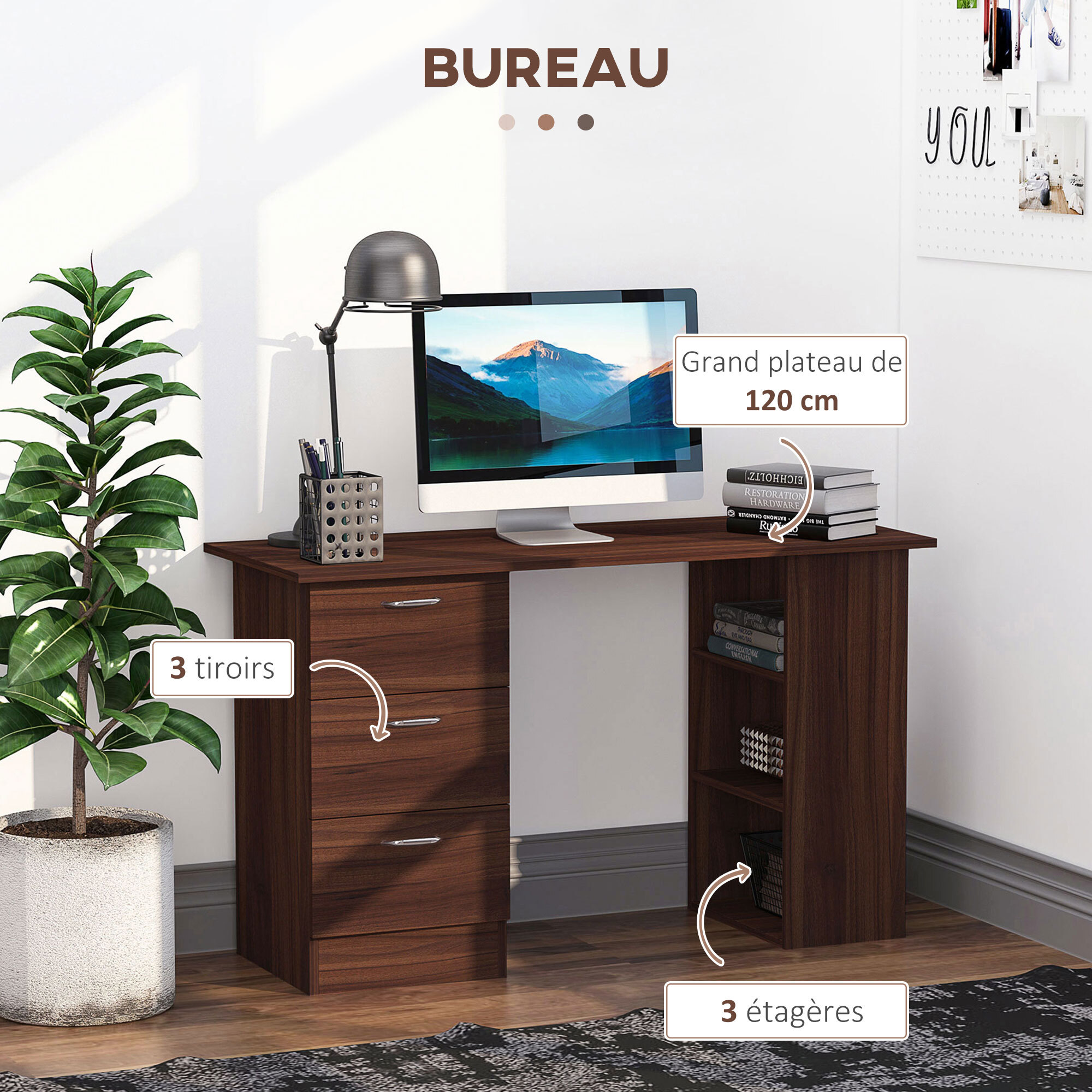 Bureau informatique table multi-fonctions 3 tiroirs 2 étagères dim. 120L x 49l x 72H cm MDF aspect noyer