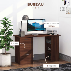 Bureau informatique table multi-fonctions 3 tiroirs 2 étagères dim. 120L x 49l x 72H cm MDF aspect noyer