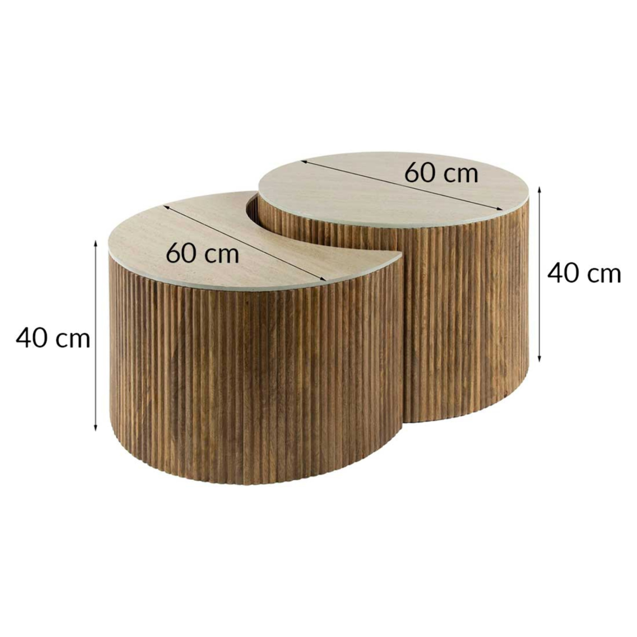 Jade - lot de 2 tables basses gigognes effet travertin - pieds en bois massif de manguier - 60 cm - Bois / Beige