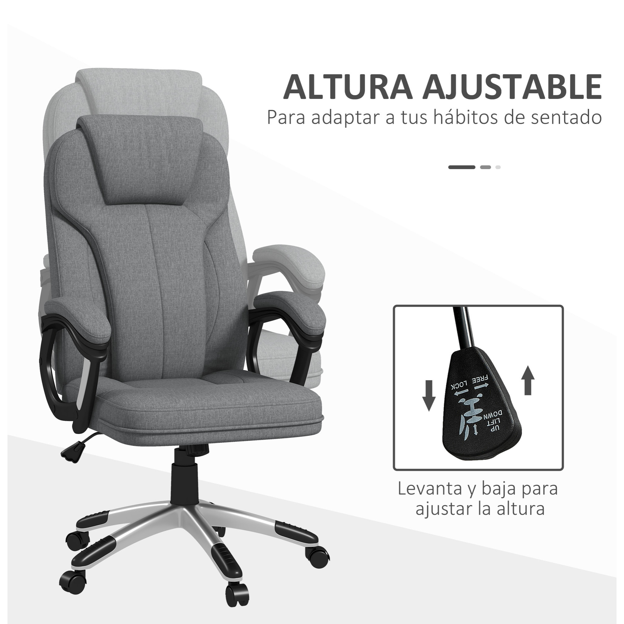 Silla de Oficina Silla de Escritorio Silla de Estudio Giratoria Tapizada en Tela con Función de Basculante Altura Ajustable Reposabrazos 66x75x110-120 cm Gris