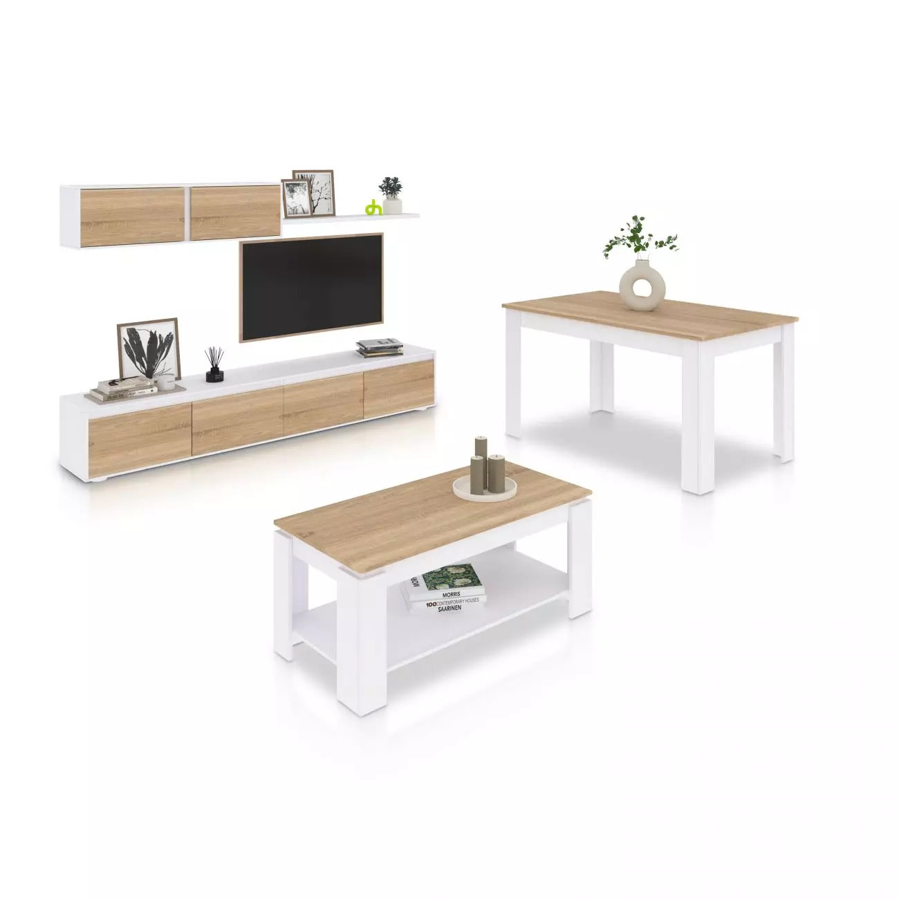Pack salón con mesa de centro y mesa de comedor Arlet Max Blanco Artik (Blanco Mate) - Roble Canadian
