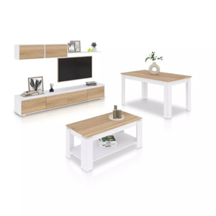 Pack salón con mesa de centro y mesa de comedor Arlet Max Blanco Artik (Blanco Mate) - Roble Canadian