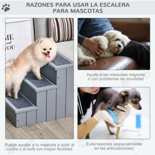 Escalera para Mascotas 3 Peldaños con Espacio de Almacenaje y Alfombra Antideslizantes Portátil Madera para Vehículo Carga 30 kg 40,5x44,5x38 cm Gris