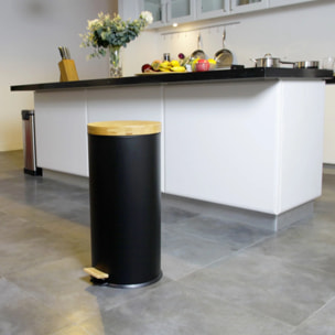 Poubelle bois de cuisine à pédale 30L  FOREST Noir en acier Inox couvercle en bambou avec seau