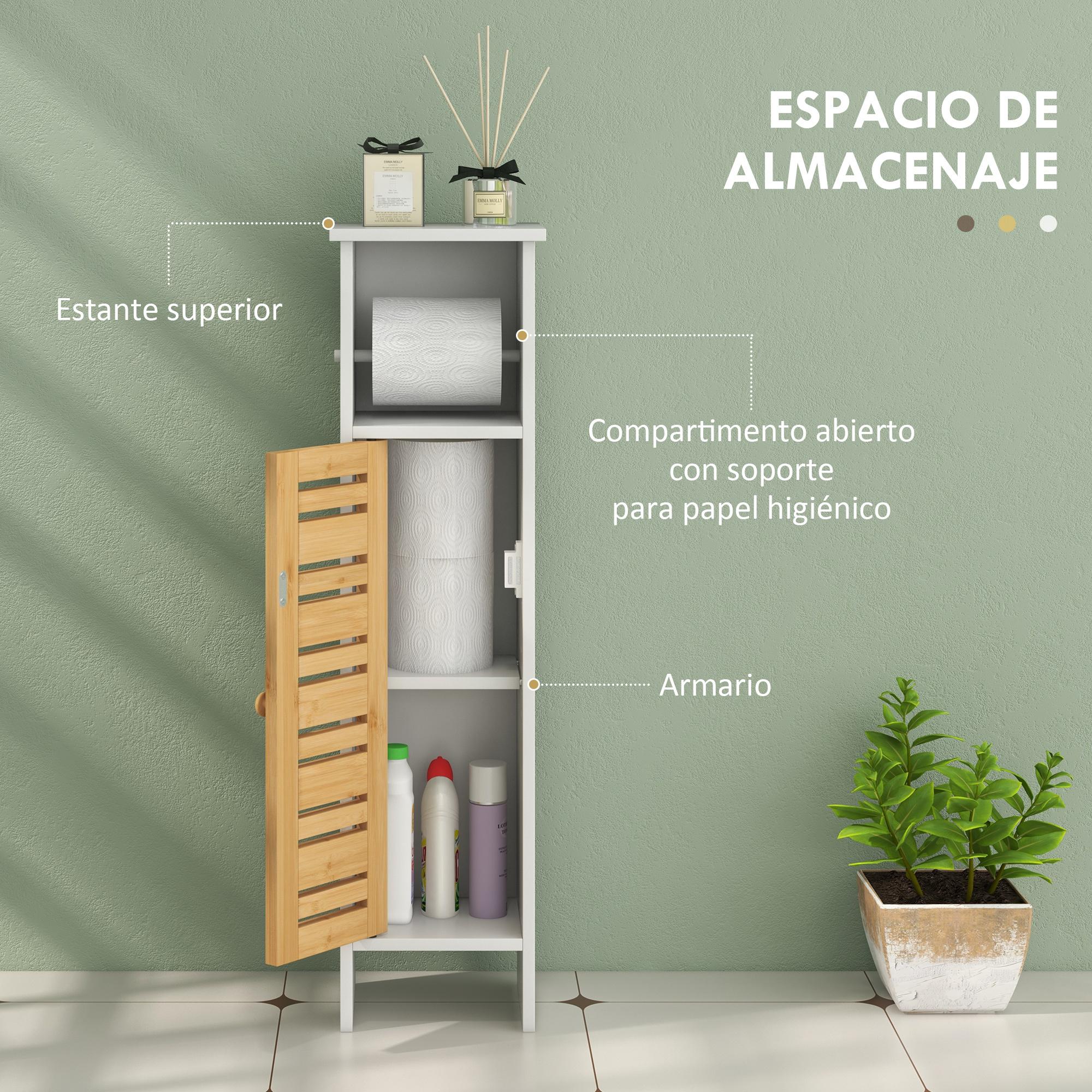 Columna de Baño Moderna Mueble Auxiliar de Baño con Portarrollos de Papel Estantes Ajustable y Puerta de Bambú Anti-vuelco 21x17x78 cm Blanco y Natural