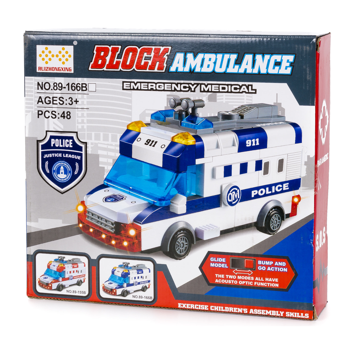 Furgone della polizia con luci ed effetti sonori. Da costruire, 48 pezzi. Modalità di funzionamento automatica 360°.