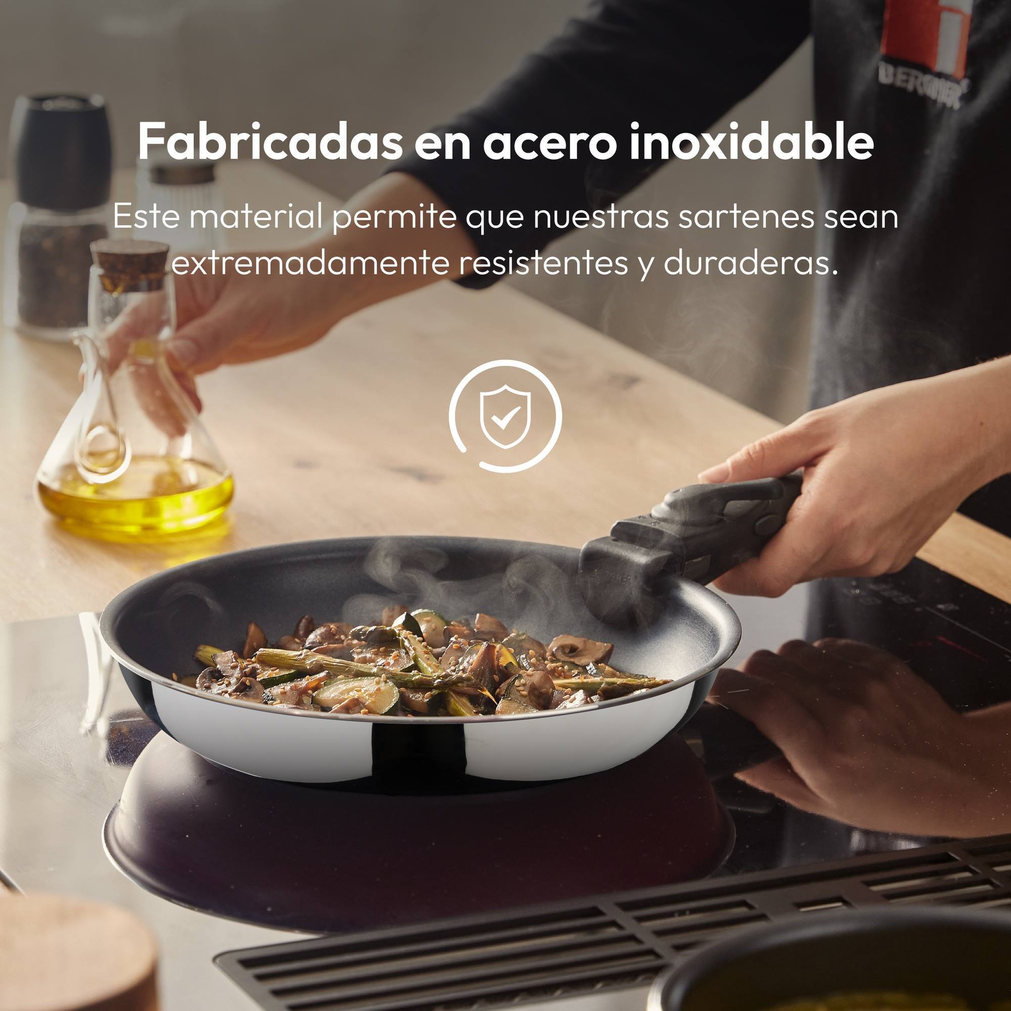 juego de 3 sartenes ø18ø20ø24cm acero inoxidable + mango extraíble negro
