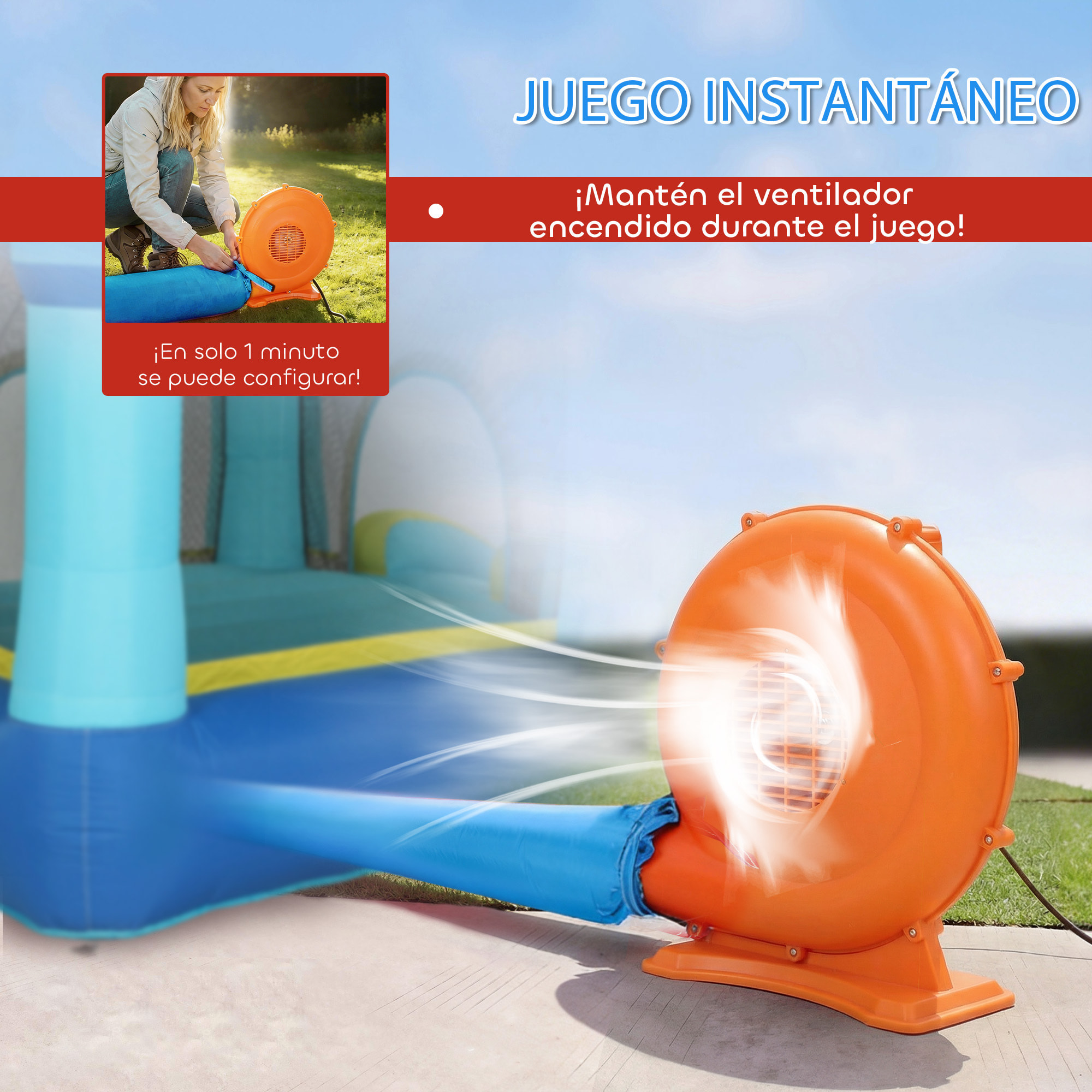 Castillo Hinchable para Niños con Soplador, Castillo Hinchable con Tobogán, Cama Elástica, Piscina y Aro de Baloncesto, para Niños 3-8 Años, Interior y Exterior, 364x173x182 cm, Azul