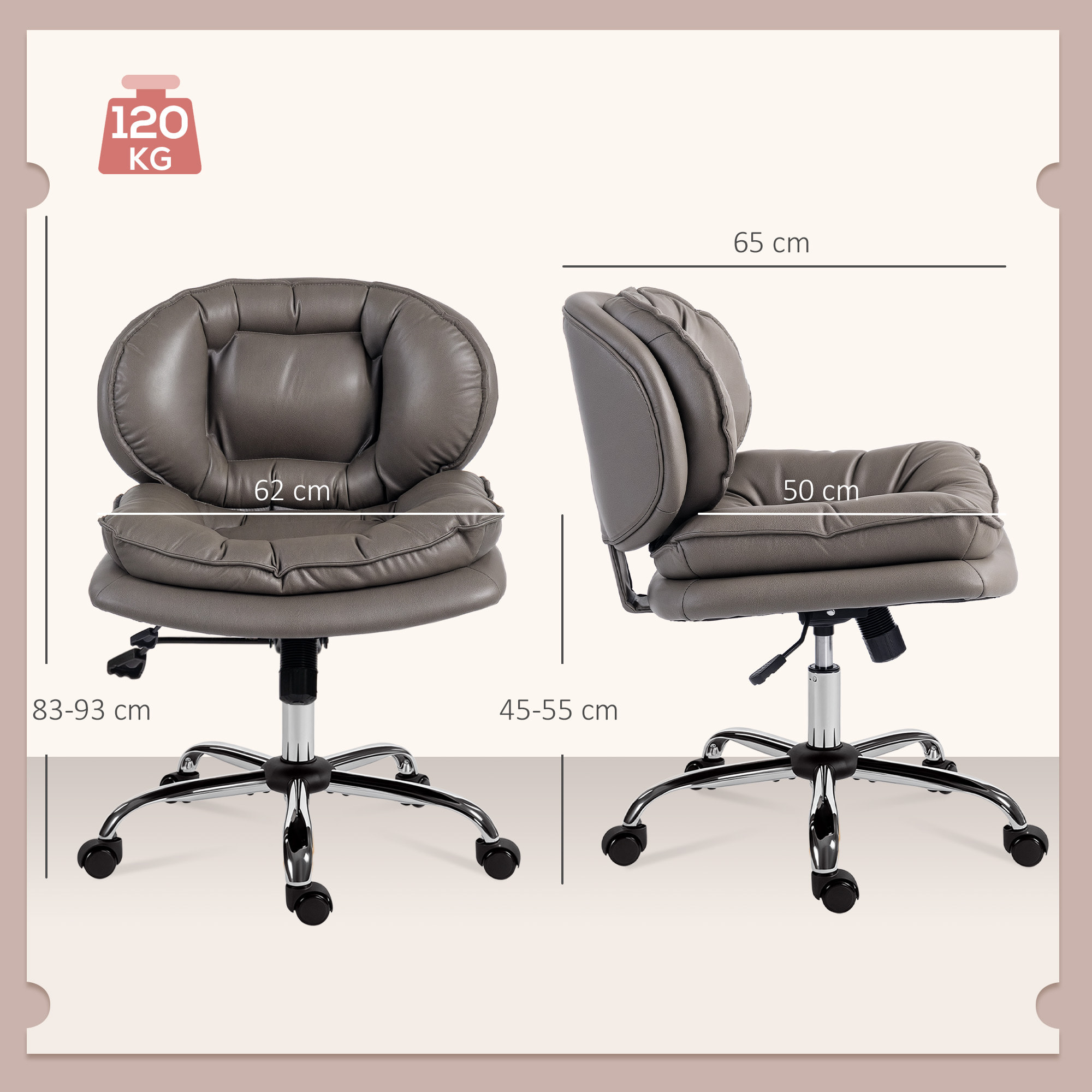 Silla de Oficina Piernas Cruzadas, Silla de Escritorio sin Brazos con Asiento Ancho, Ruedas, Altura Ajustable, Doble Acolchado, Giratoria, Función Basculante, Tapizada en PU, Gris Oscuro