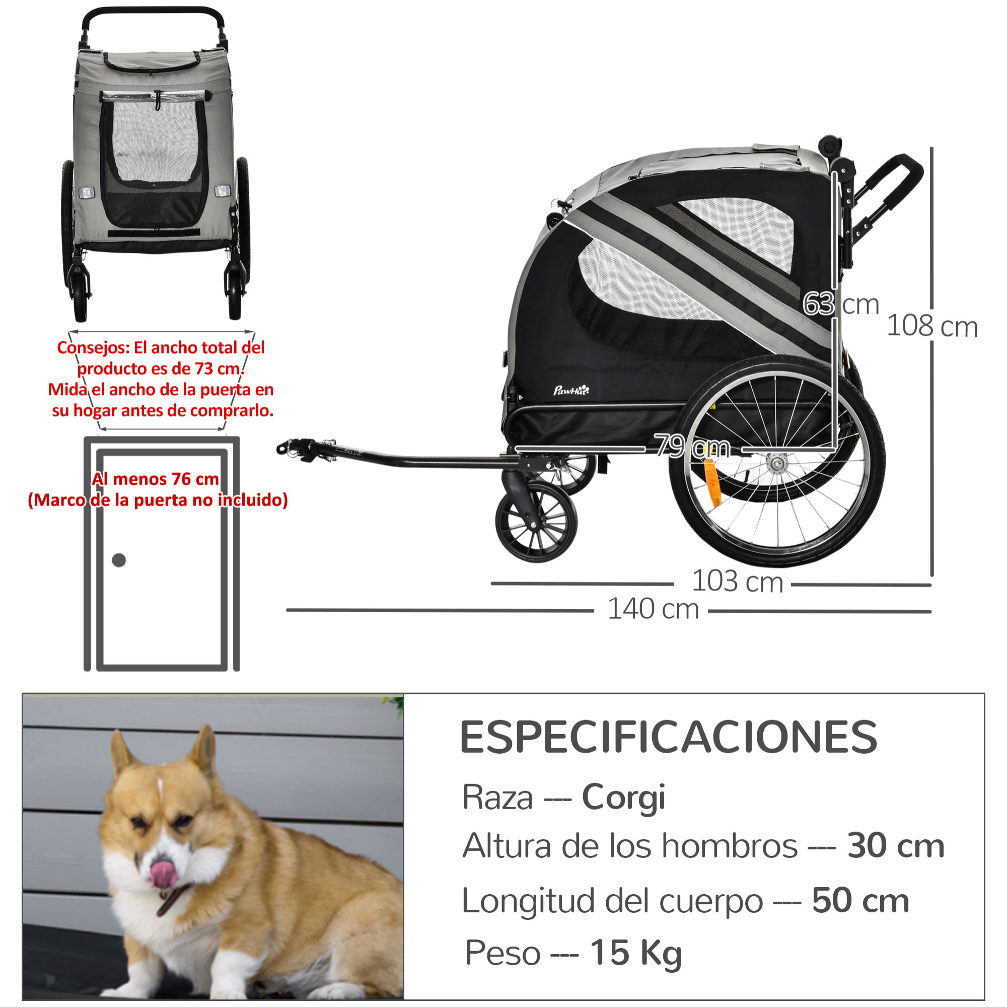 Remolque de Bicicleta Perros 2 en 1 Carrito Transporte para Mascotas con Puertas Enrollables Ventanas Cinturón de Seguridad Bandera y 6 Reflectores 140x72,5x108 cm Gris