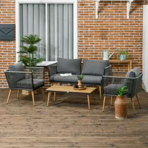 Juego de Muebles de Jardín de Ratán 4 Piezas Juego de Conversación Incluye Sofá de 2 Plazas 2 Sillones y Mesa de Centro de Tablero de Madera y Plástico Cojines Anti-UV para Terraza Patio Gris