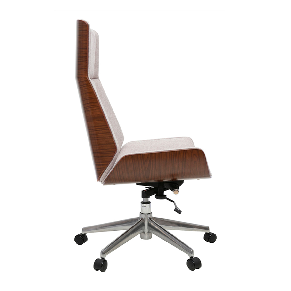 Fauteuil de bureau de direction design en tissu effet velours texturé beige, bois foncé et acier chromé CURVED