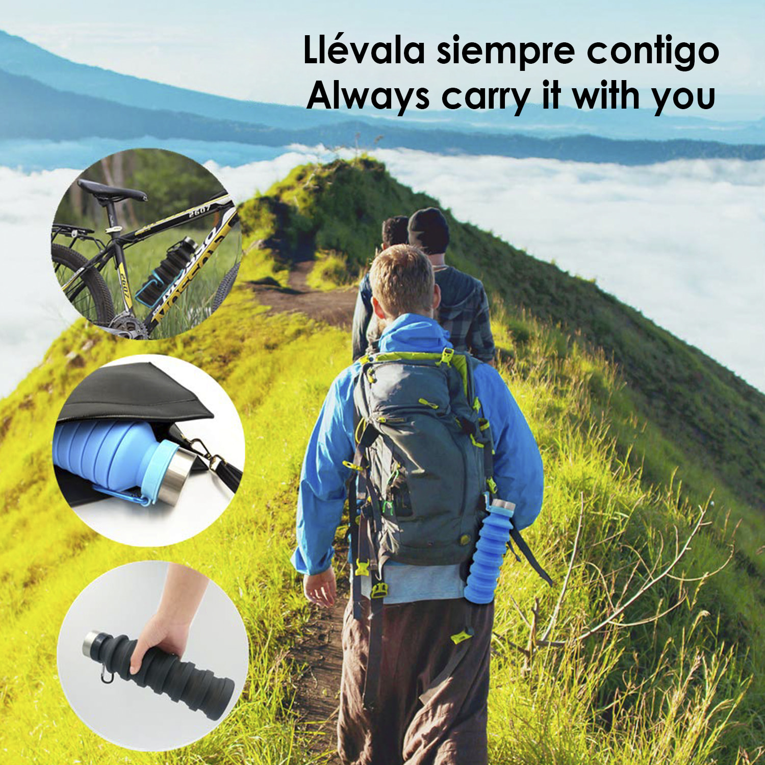 Bottiglia sportiva pieghevole in silicone. 470 a 550ml, priva di BPA, tappo a vite in acciaio inossidabile.