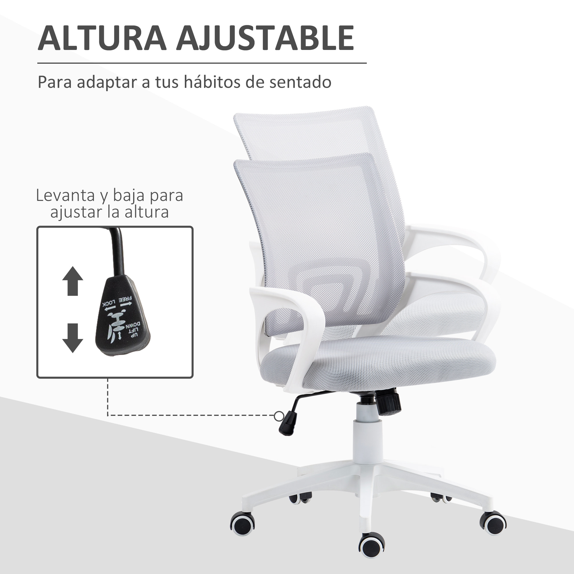 Silla de Oficina de Malla Silla de Escritorio Giratoria con Altura Ajustable Función de Basculante Soporte Lumbar y Reposabrazos Silla para Estudio Carga 120 kg Gris