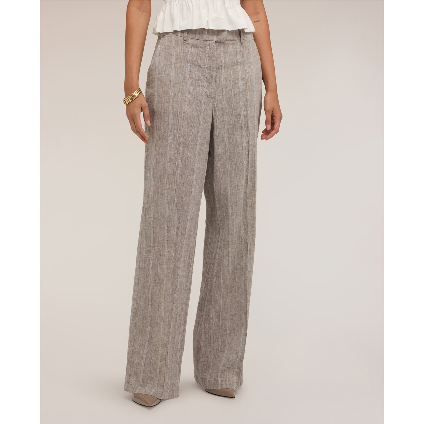 Motivi - Pantaloni palazzo in misto lino con piega stirata - Grigio