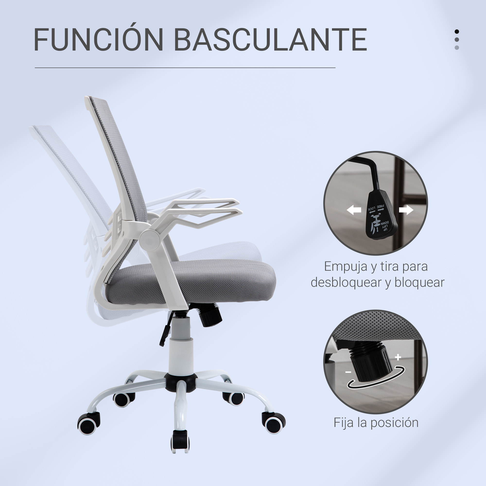 Vinsetto Silla de Oficina Ergonómica Silla Escritorio Giratoria con Altura Ajustable Reposabrazos Abatible Soporte Lumbar Transpirable para Adolescentes Adultos 62,5x55x94-104 cm Gris