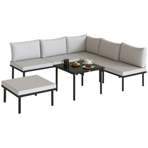 Conjunto de Muebles Jardín Exterior de 6 Piezas Sofá Exterior Seccional Forma de L con Sofá de 2 Plazas Módulo de Esquina 2 Sillones Reposapiés Mesa con Tapa de Vidrio y Cojines Gris Claro