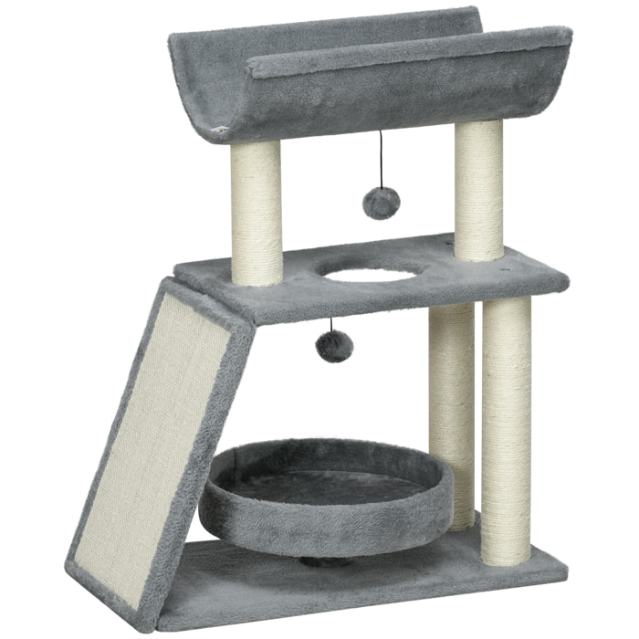 Arbre à chat griffoirs grattoir jeu boules suspendues plateformes ronde, rectangulaire et demi-cylindrique peluche jute naturelle gris