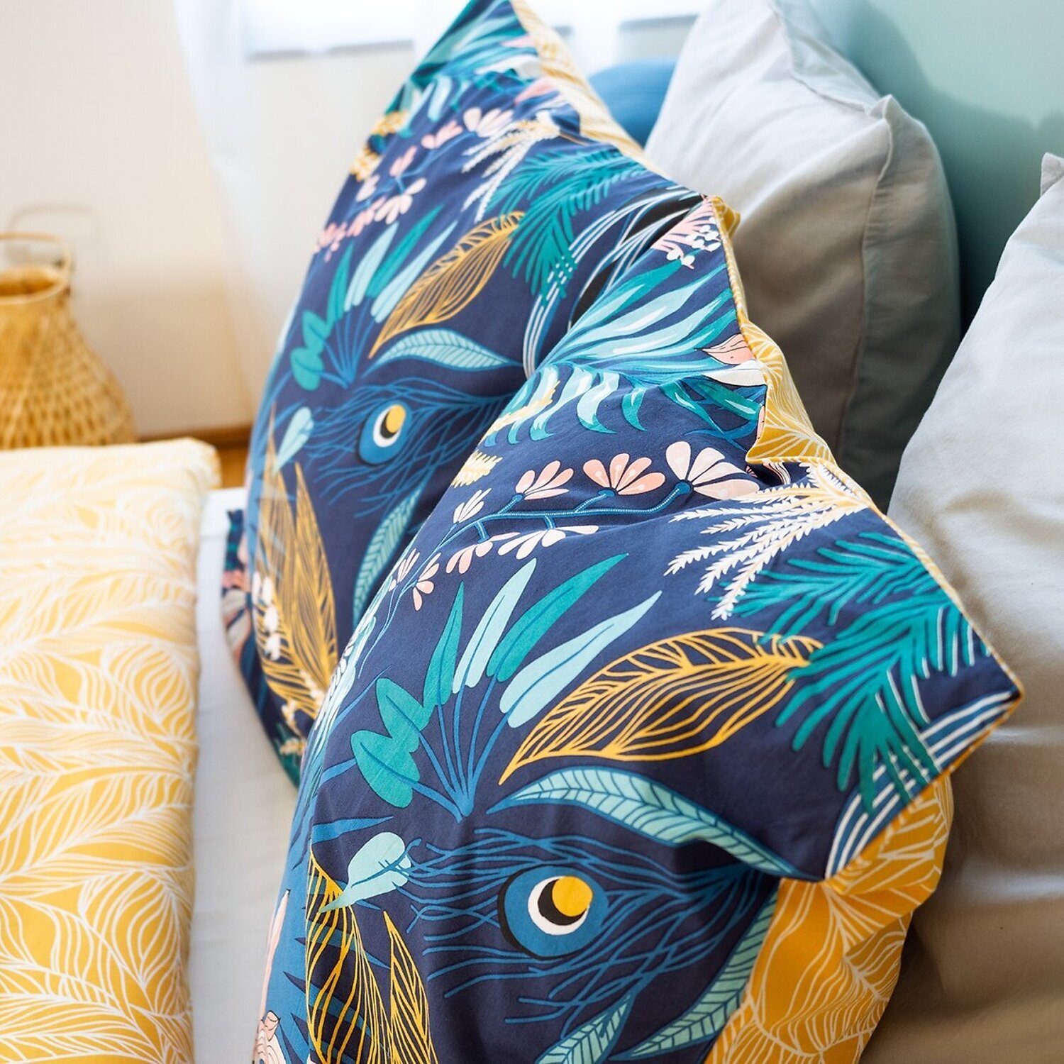 Parure housse de couette coton bleu fonce