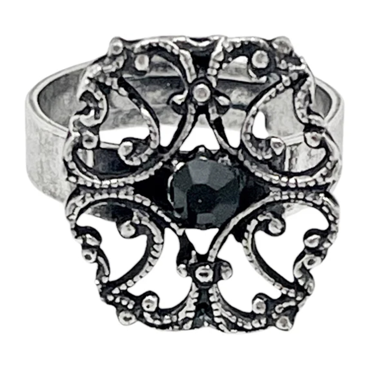 Anillo Vintage oval y cristal negro plata envejecida