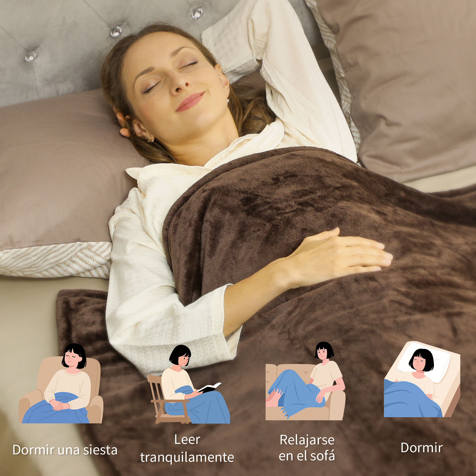 Manta Eléctrica Grande, Manta Térmica Sofá, 180x130 cm, Tejido Suave, 10 Niveles de Temperatura, Temporizador, Lavable en Lavadora, Protección contra Sobrecalentamiento, Marrón