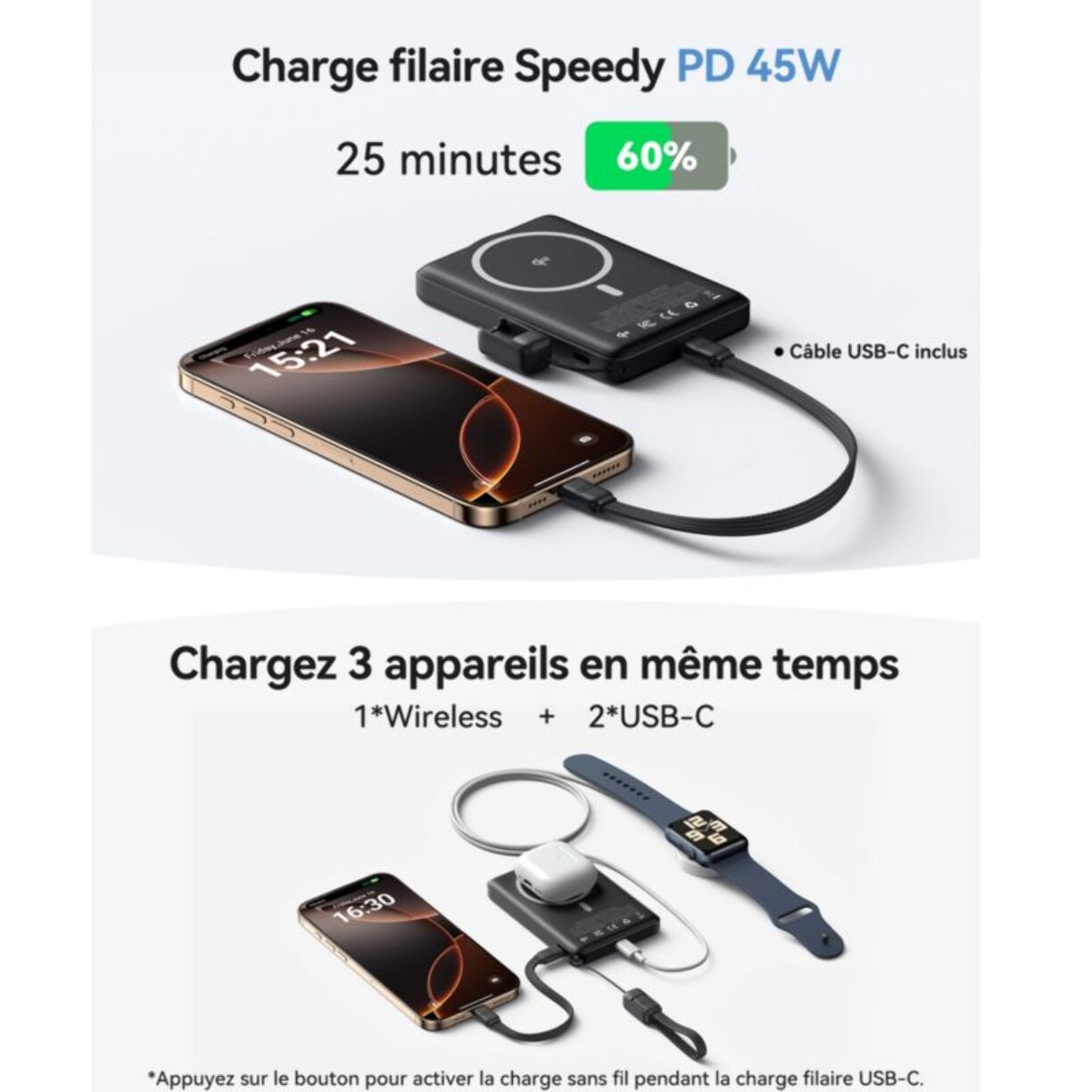 Batterie externe INIU 10000 mAh MagPro slim noir