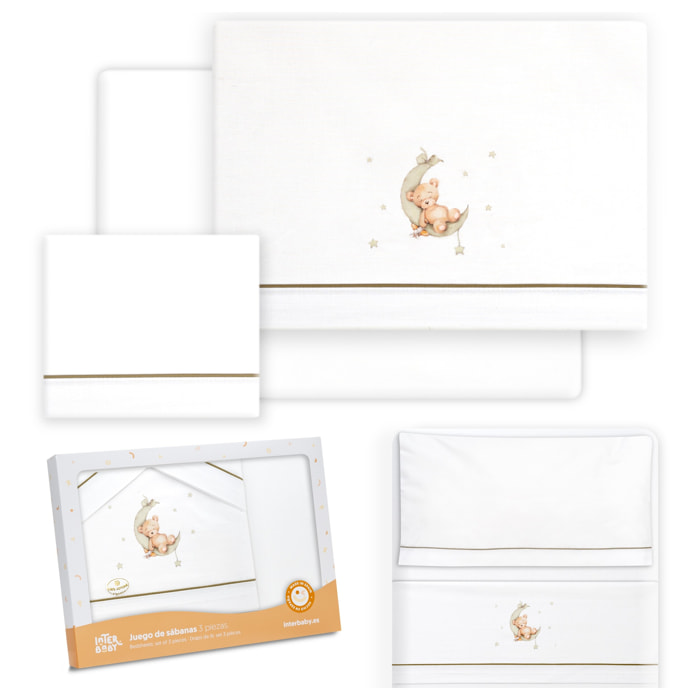 Triptico Minicuna Estampado Oso Luna Estrellas Bco/Verde