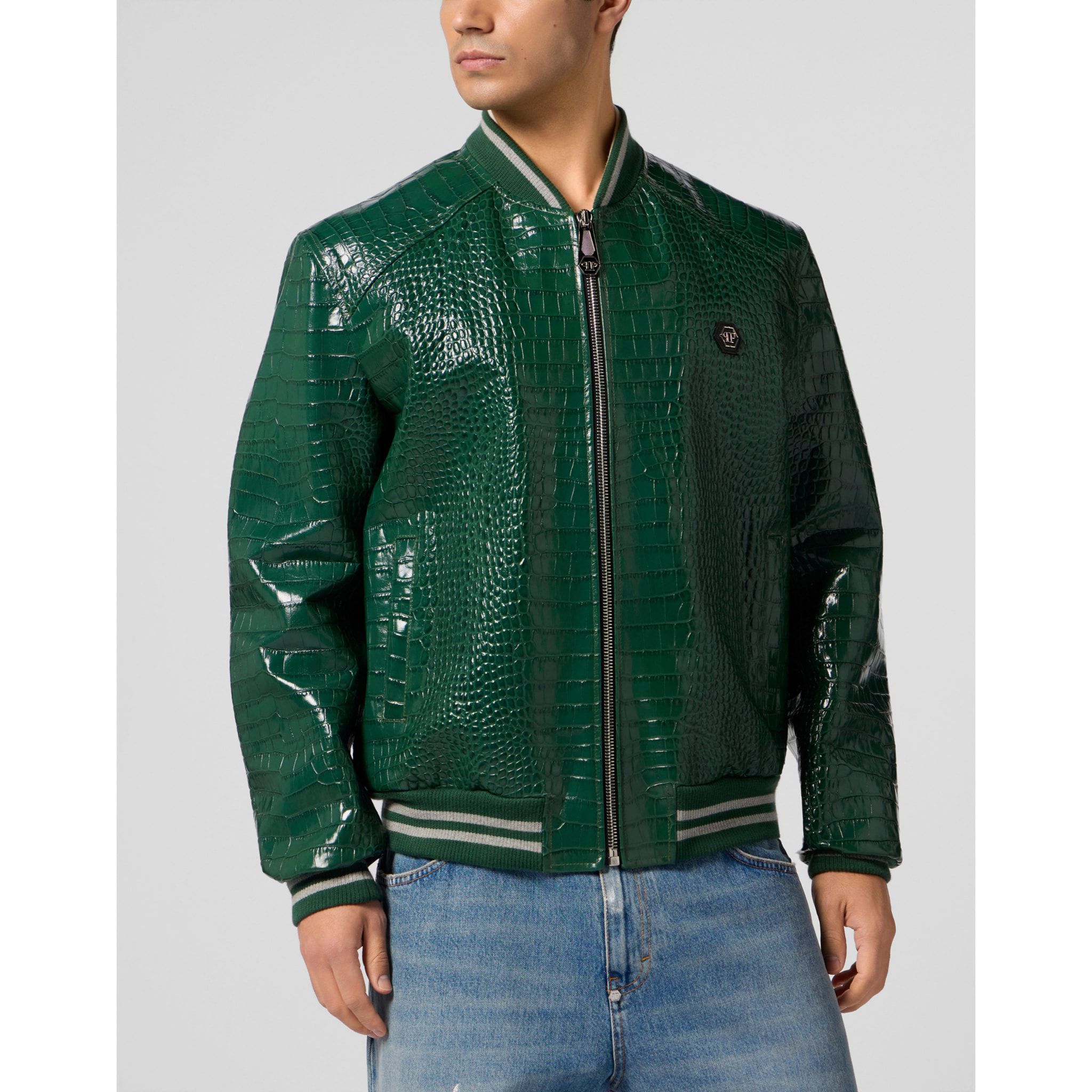 PHILIPP PLEIN Leather Bomber Jacket Cocco