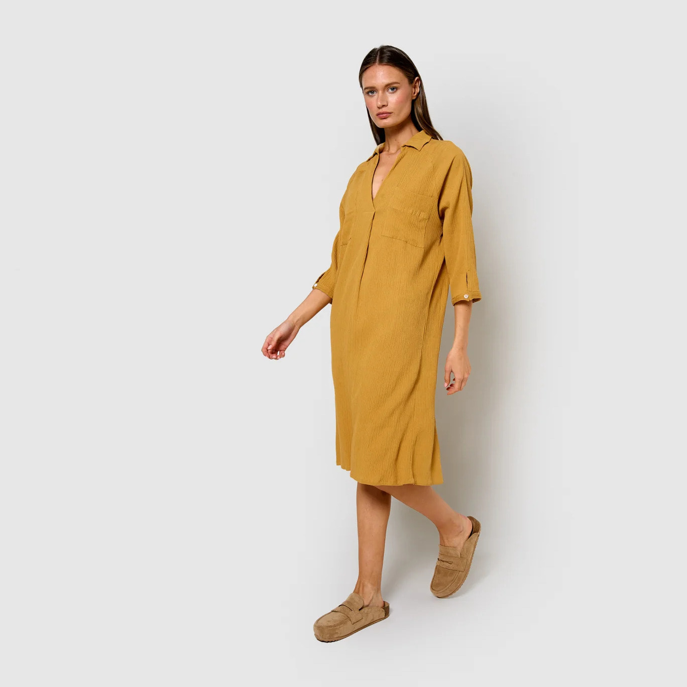 Vestido midi algodón lino ocre