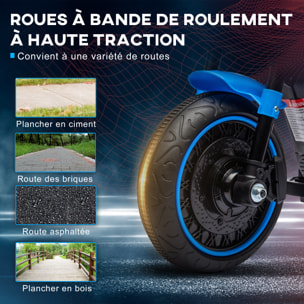 Moto électrique enfant 6 V 3 Km/h effet lumineux roulettes amovibles repose-pied pédale métal PP bleu noir