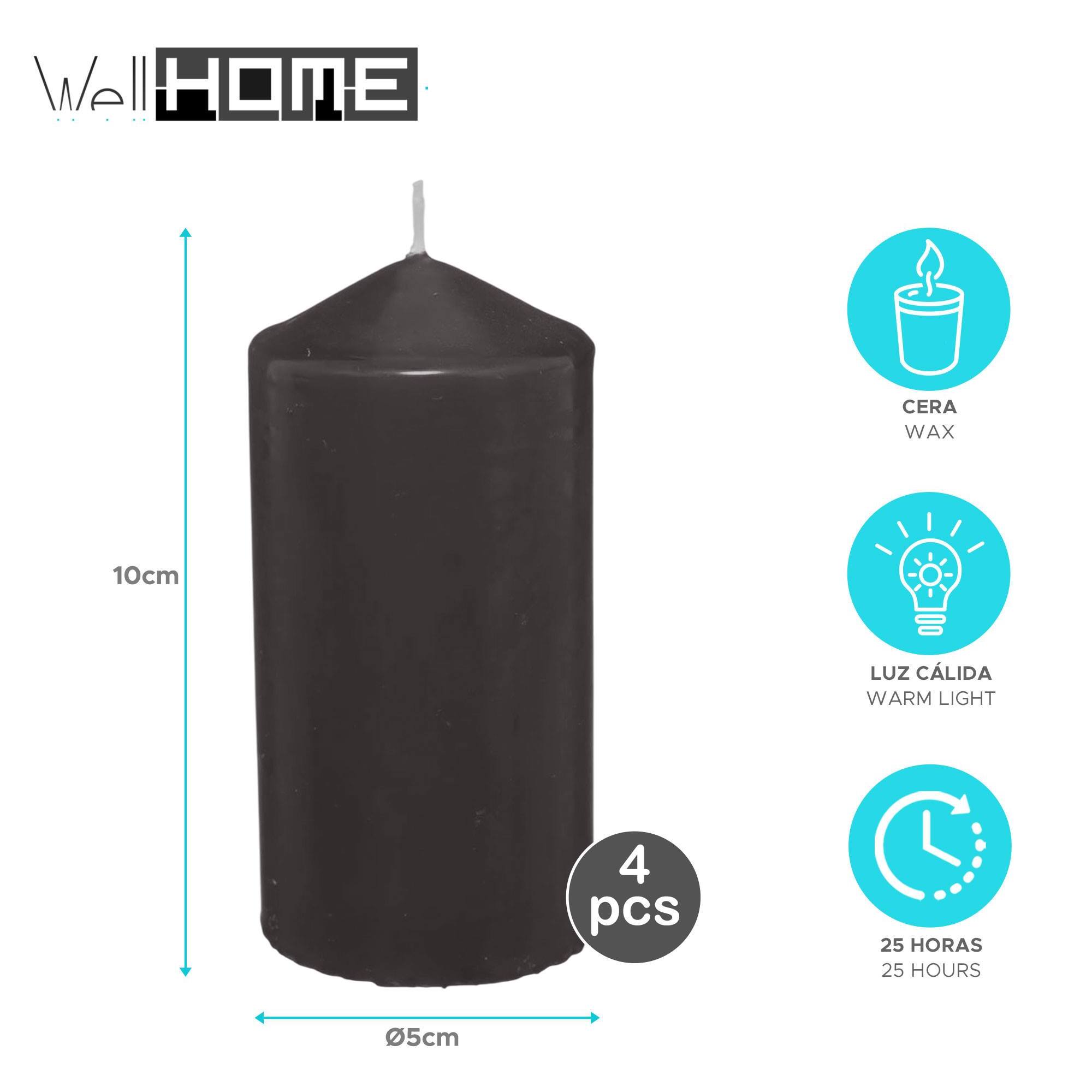 Set de 4 velas de cera en color negro ø5x10cm y 25h de combustión