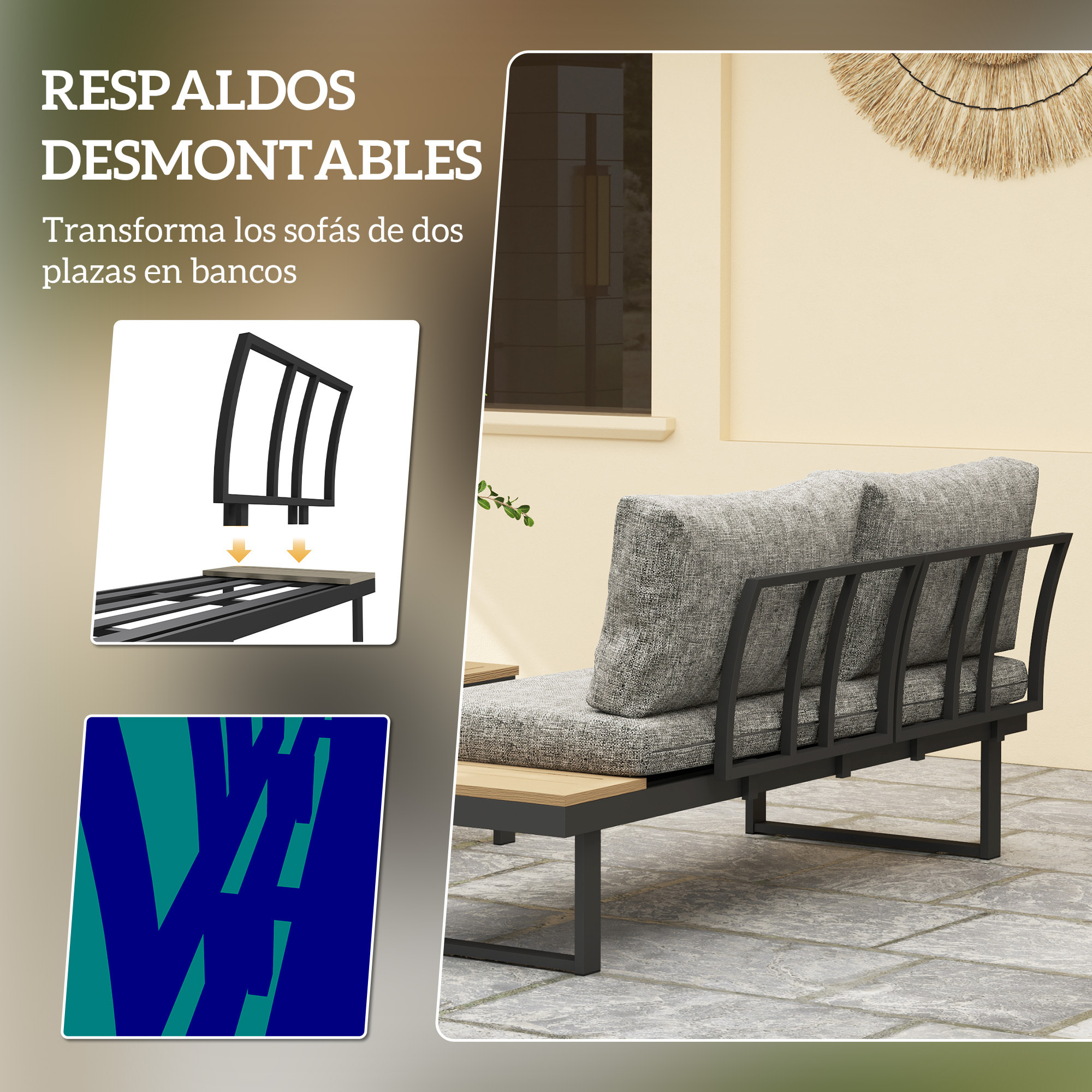 Conjunto de Jardín Exterior de 3 Piezas, Sofá Exterior Seccional Resistente con 2 Sofás de 2 Plazas y Mesa de Centro Versátil, Estructura de Aluminio y Cojines, Gris Claro