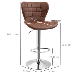 Lot de 2 tabourets de bar design contemporain hauteur d'assise réglable 59-81 cm pivotant 360° PU marron