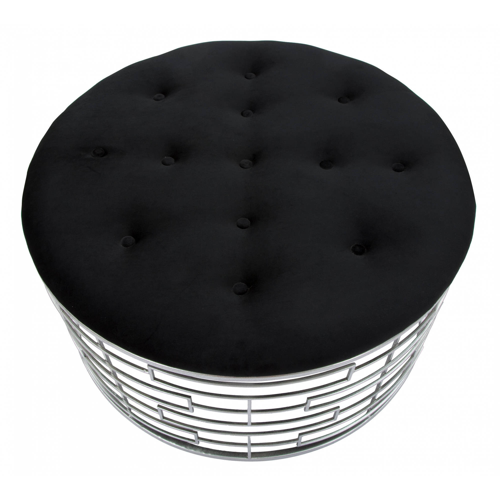 Pouf rotondo, struttura in metallo, rivestimento in velluto, colore argento, Misure 91,5 x 47 x 91,5 cm