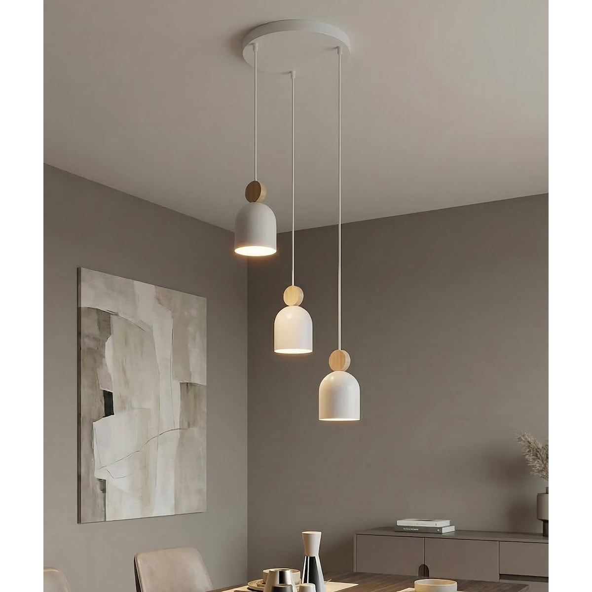 Lampada a sospensione MESI in acciaio bianco opaco e legno