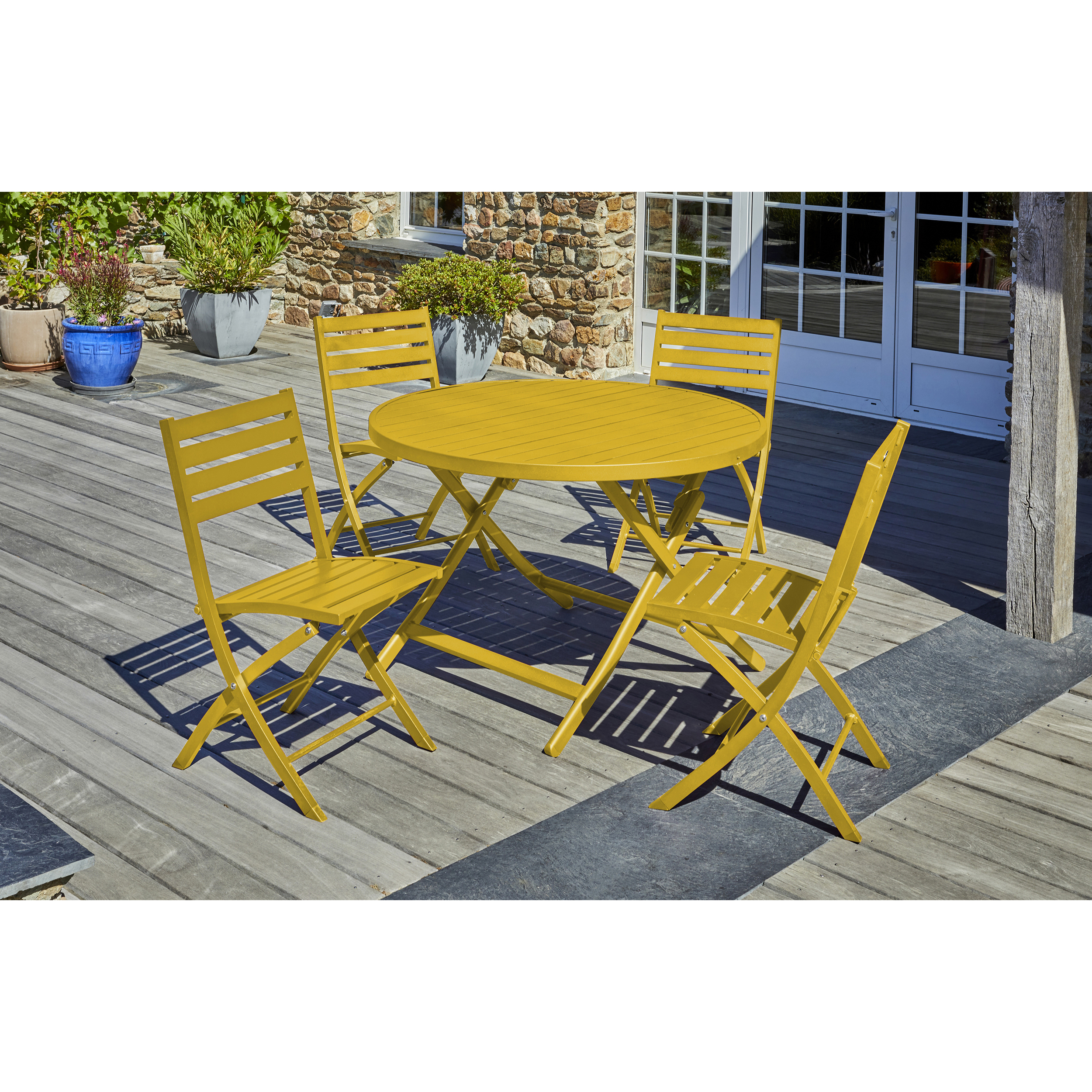 MARIUS - Ensemble repas de jardin 4 places en aluminium jaune moutarde