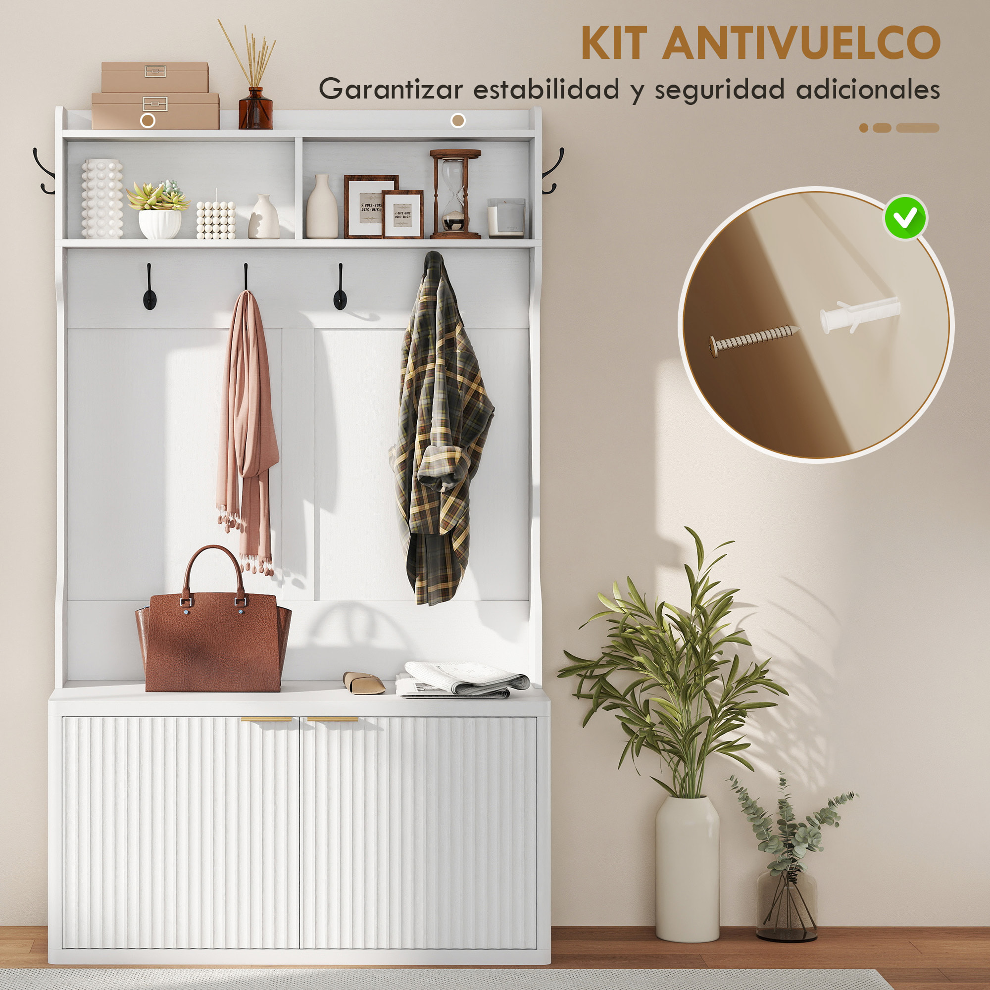 Perchero Zapatero, Perchero Recibidor con 2 Puertas, Estantes Abiertos, 6 Ganchos, para Pasillo, Dormitorio, Salón, Estilo Moderno, 100x38x172 cm, Blanco