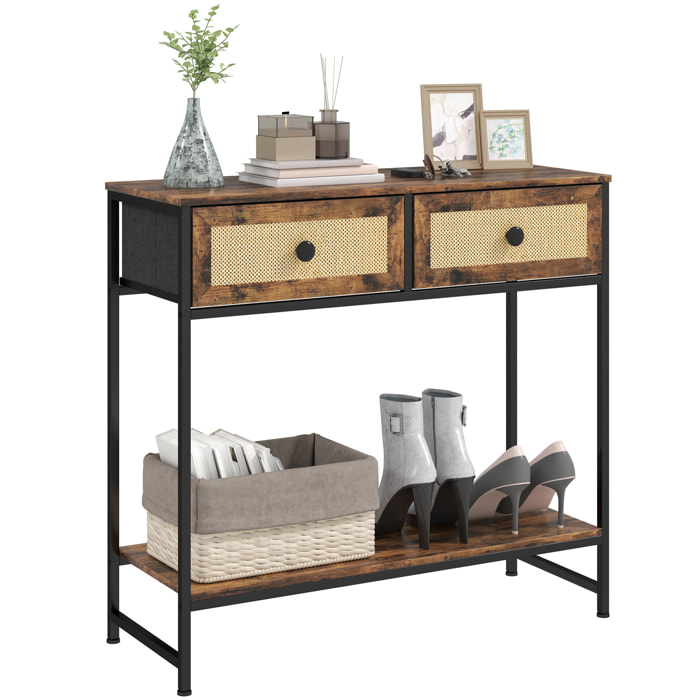 Mesa Consola Mueble para Recibidor con Estante Abierto y 2 Cajones Frontales de Ratán Consola para Recibidor Entrada Pasillo 80x30x75 cm Marrón Rústico