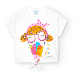 Conjunto niña, algodón estampado, mangas cortas, blanco