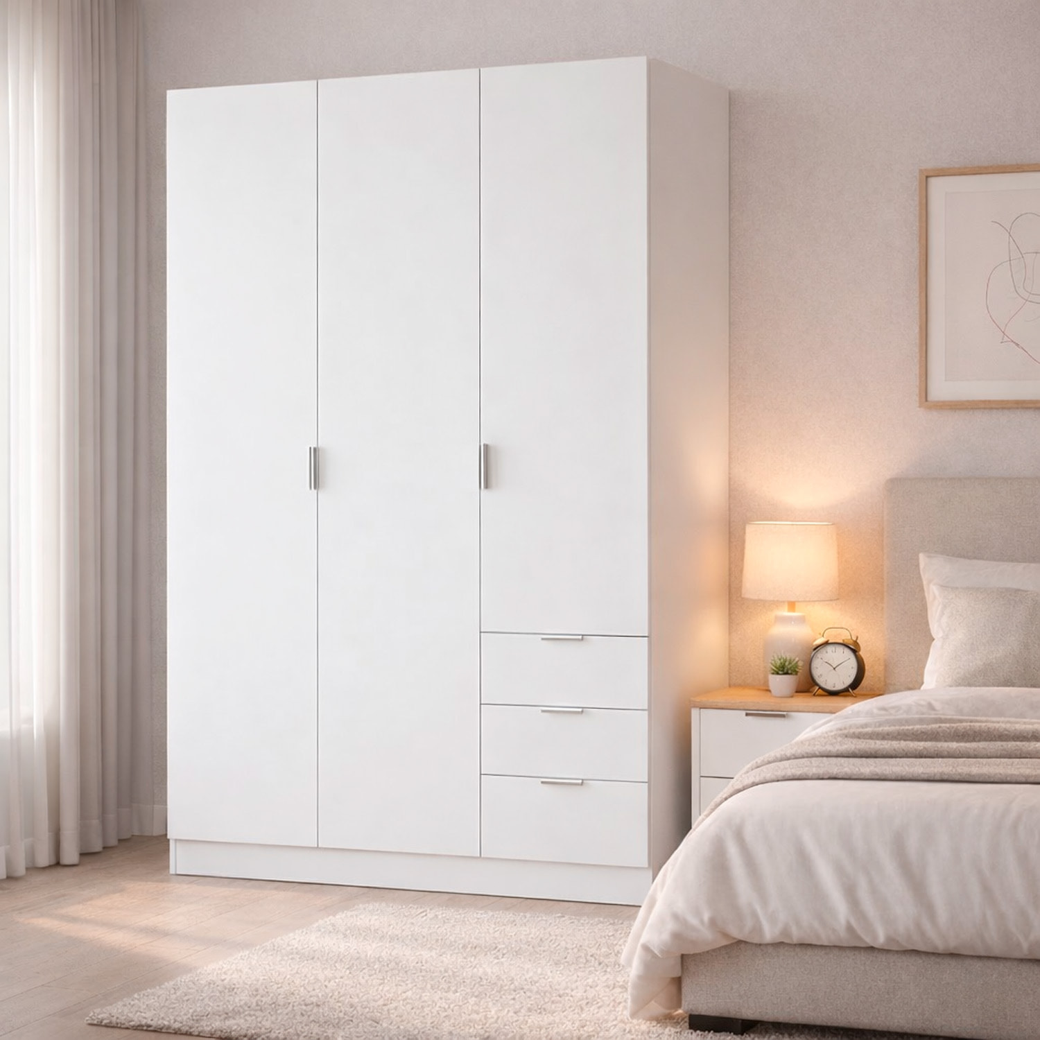 Armadio Guardaroba Vestiti 3 Ante Battenti 4 Ripiani E 3 Cassetti Con Barra Appendiabiti Salvaspazio Design Moderno 200 x 52 x 135 Cm Bianco