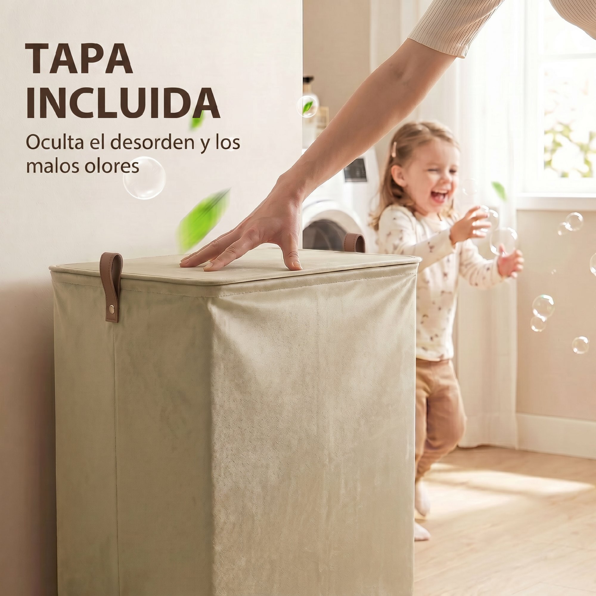 Cesto de Ropa Sucia con Tapa y Ruedas, 50L, Cesta de Ropa Sucia Plegable con Bolsa con Cordón Extraíble y Lavable, para Lavandería, Dormitorio, Baño, 40x30x65 cm, Camel