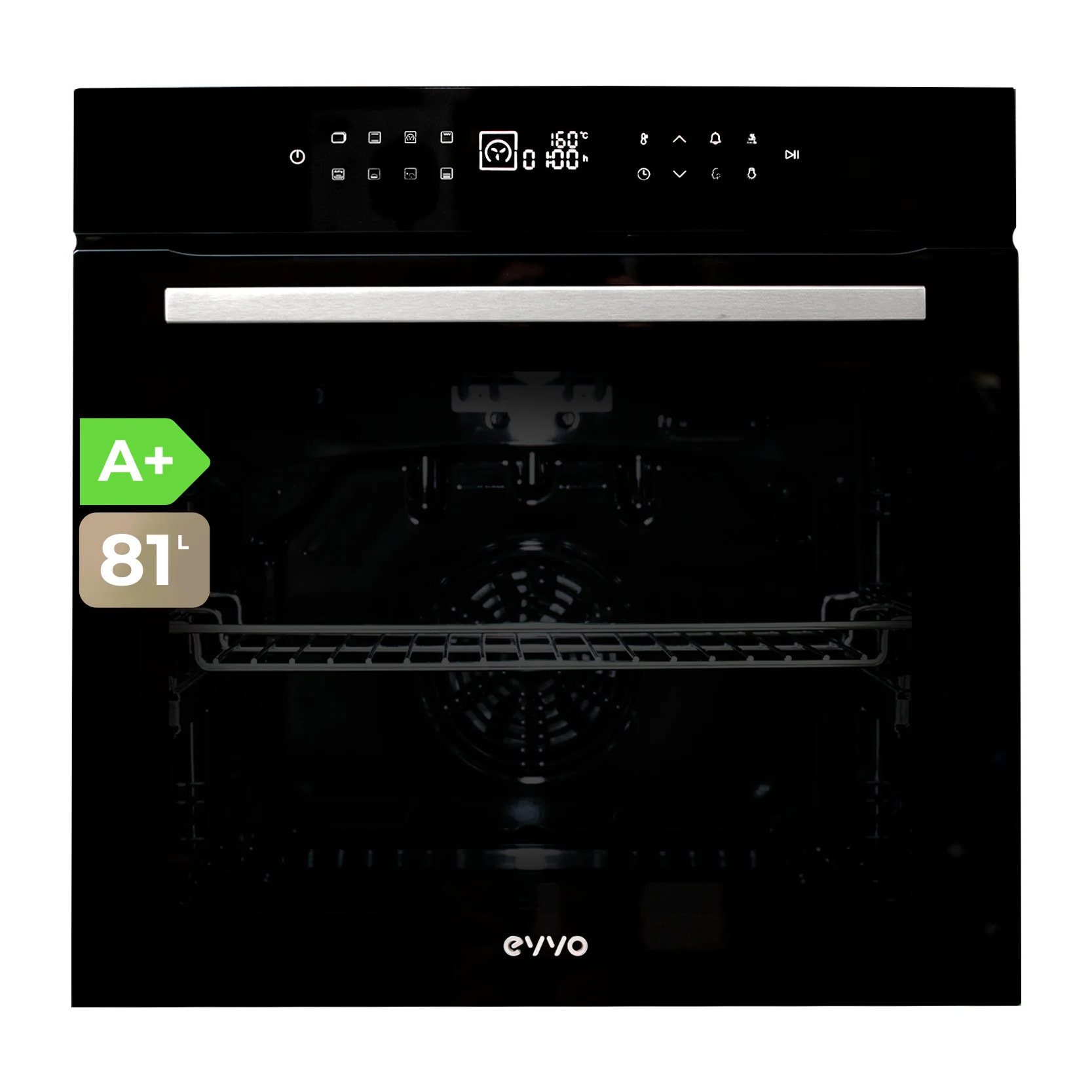EVVO Horno Airfryer H26, 81L, clase A+, 14 programas, función airfryer, display táctil digital, temporizador, guías telescópicas, negro