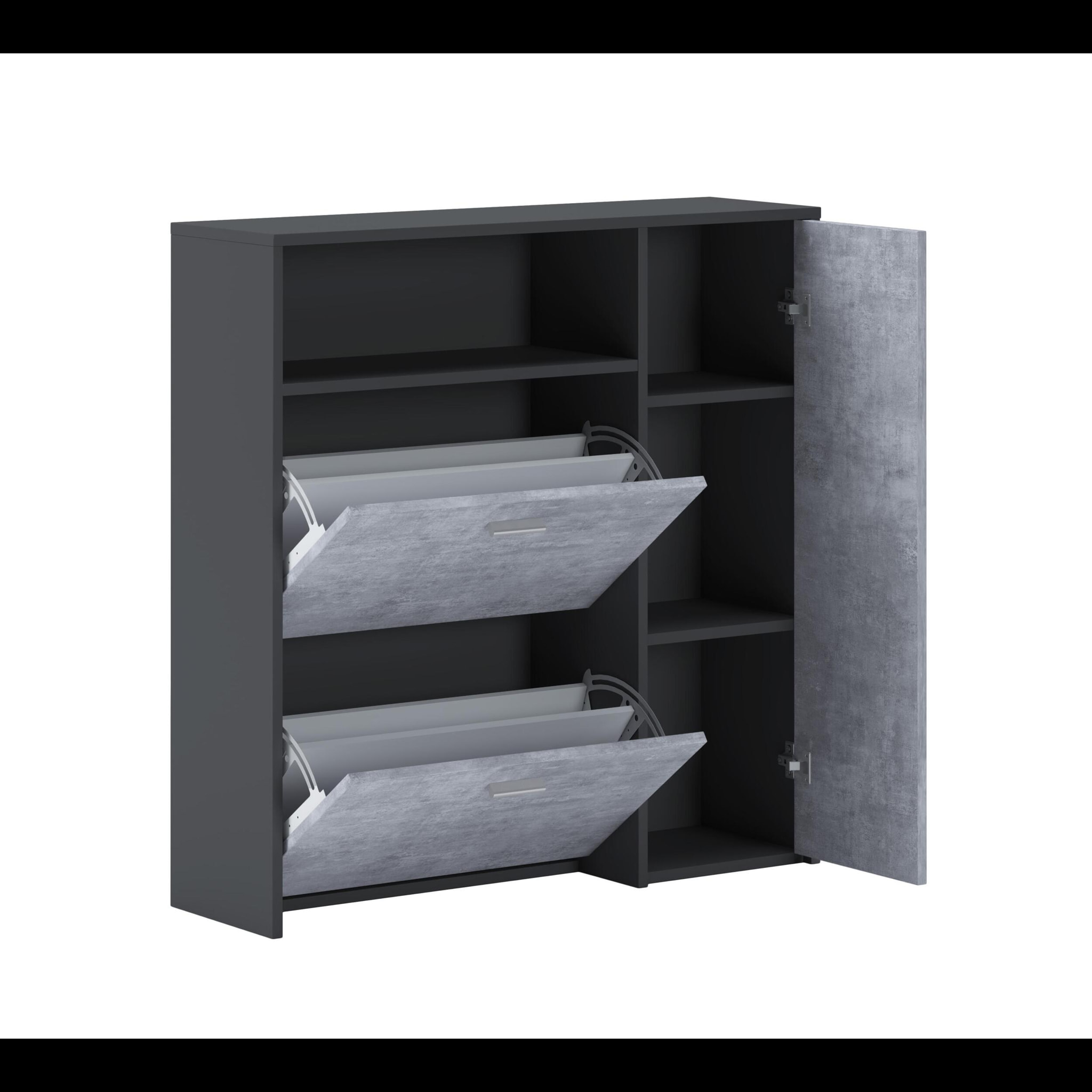 Scarpiera Mobile Portascarpe Salvaspazio Ingresso Con 2 Ribalte Doppia Profondità 4 Vani A Giorno Design Moderno 91.5x94x26.6 Cm Grigio E Cemento
