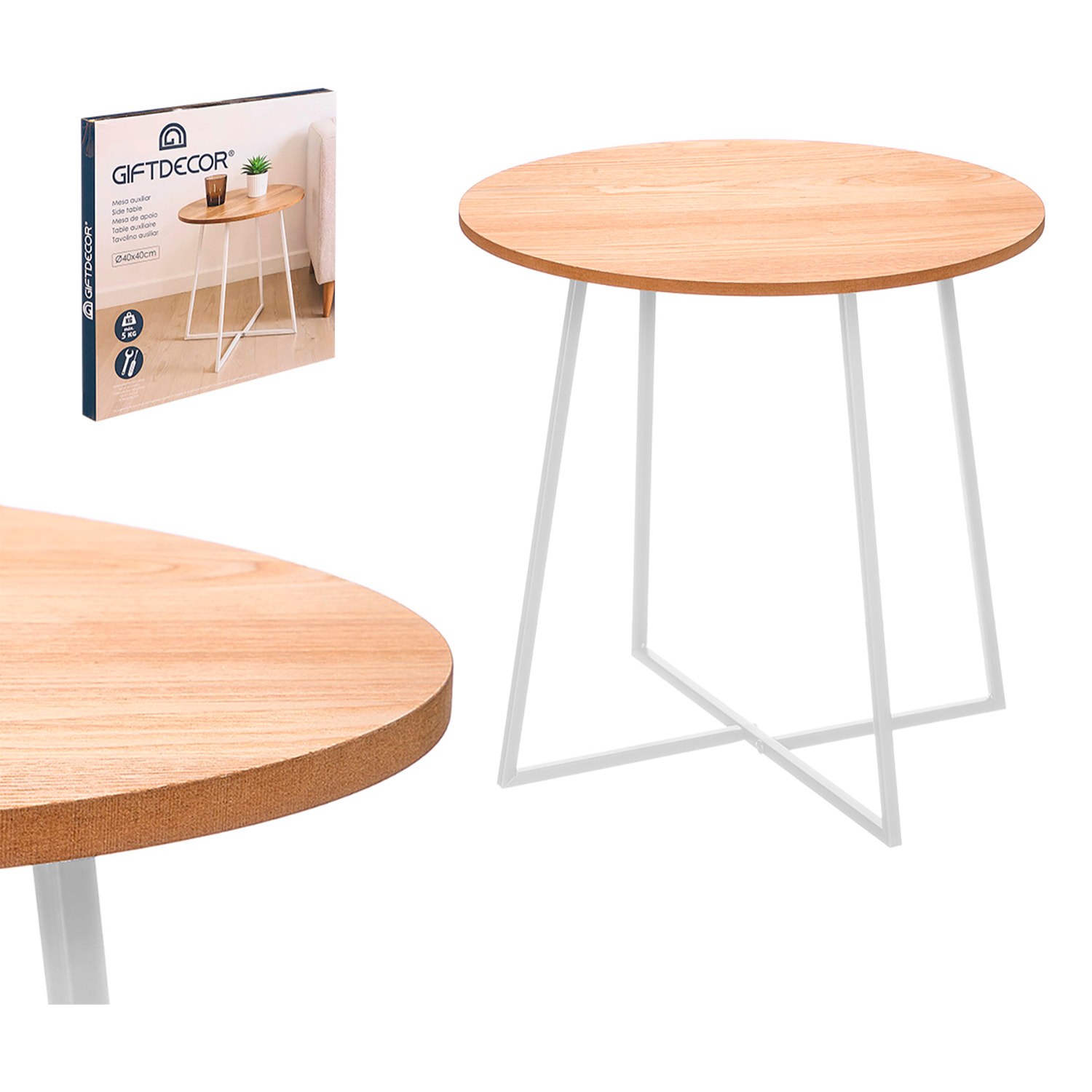 Mesa auxiliar con patas blancas y 40cm de diámetro.