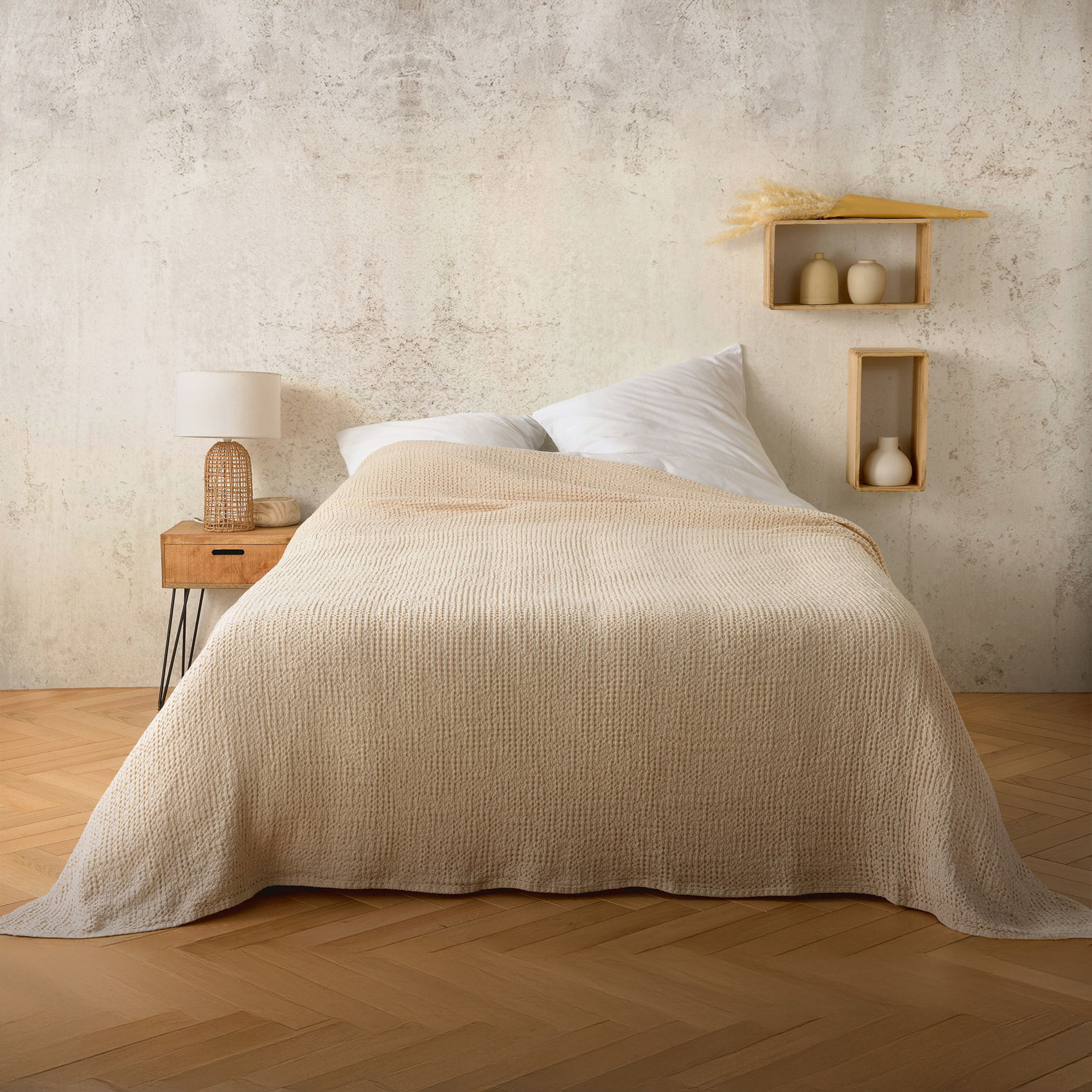 Plaid ou couvre lit 100%  coton nid d’abeille - Beige