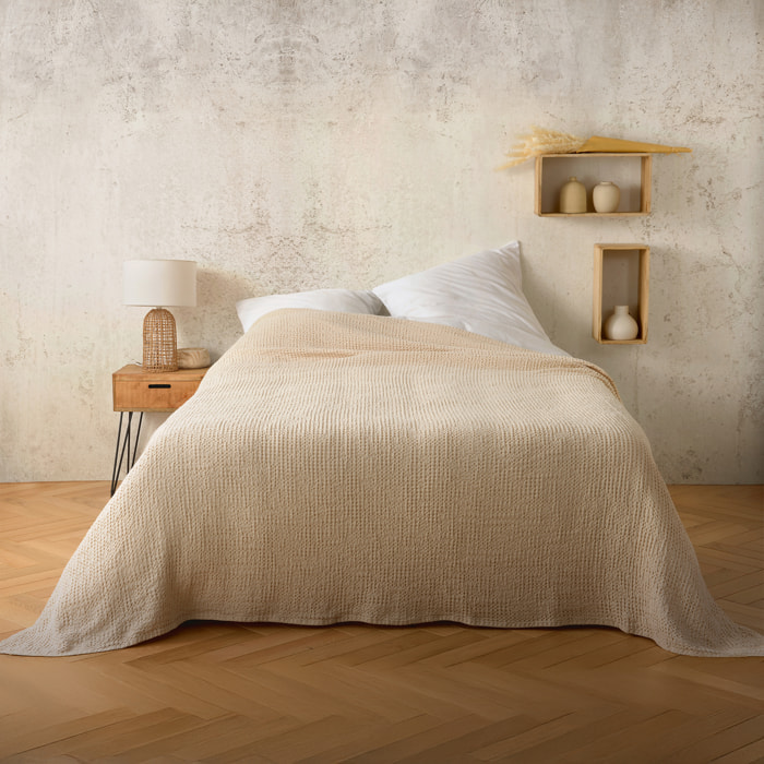 Plaid ou couvre lit 100%  coton nid d’abeille - Beige