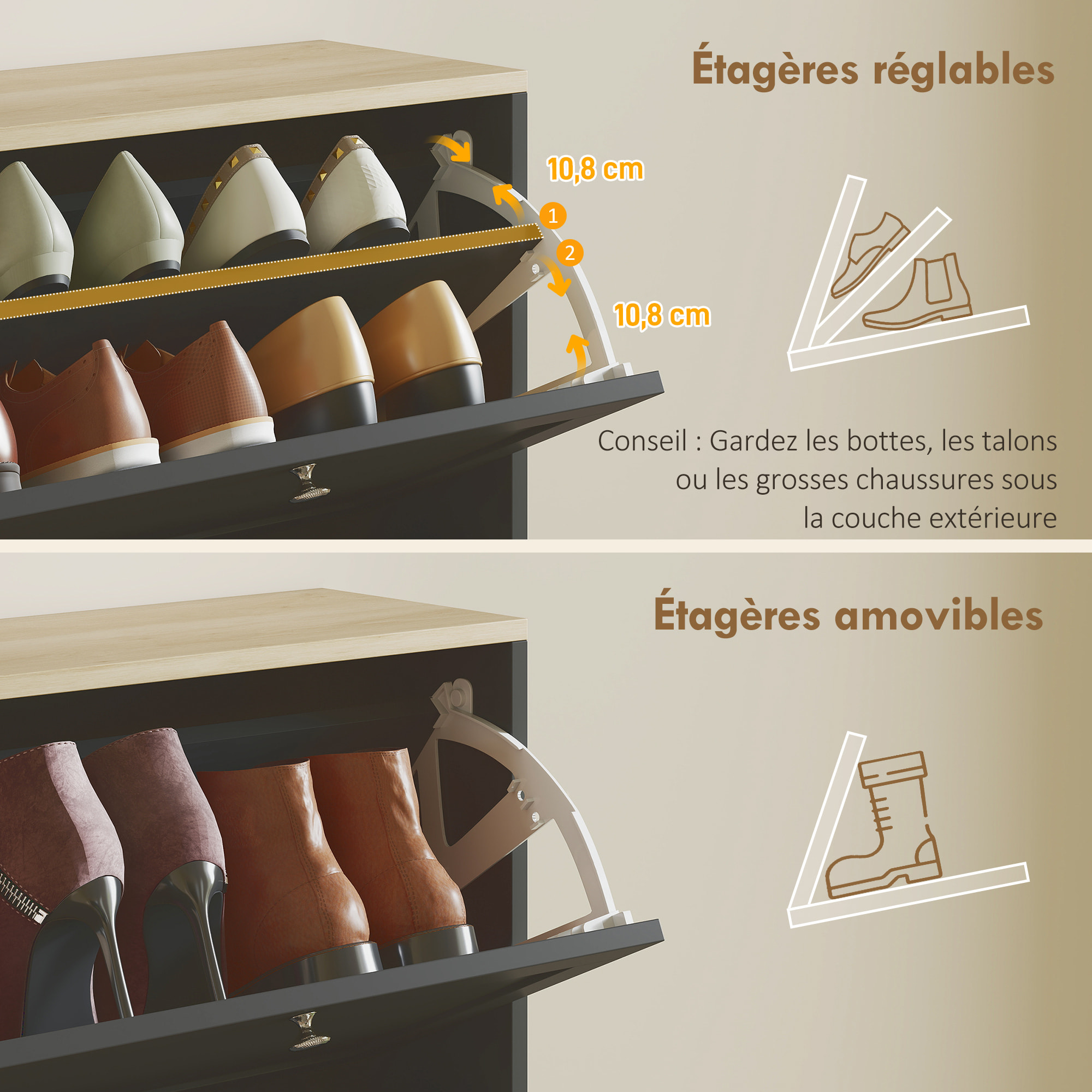 Meuble à chaussures 4 portes battantes style classique chic aspect bois clair noir